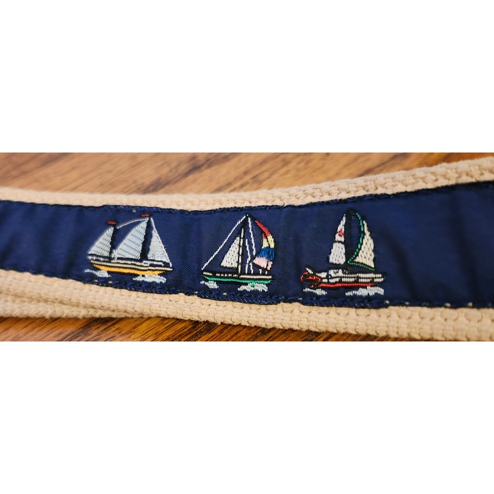 Skippers Mens Nautical Sailboat Ribbon Belt Canvas Leather Brass Buckle Navy Tan - Picture 7 of 8